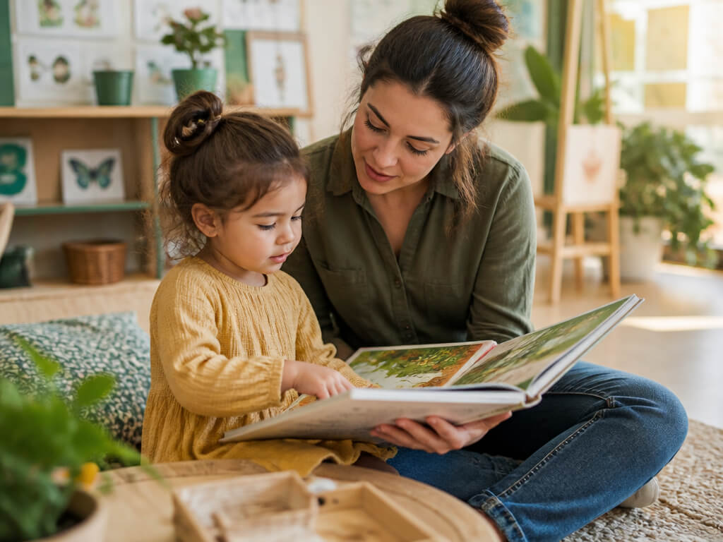 A preschool teacher and a young child sharing a picture book on a sunlit classroom rug