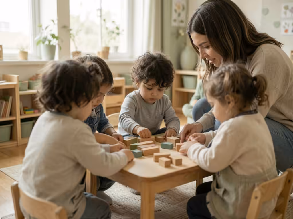 Young children and a teacher exploring an activity together at a low table in a bright classroom