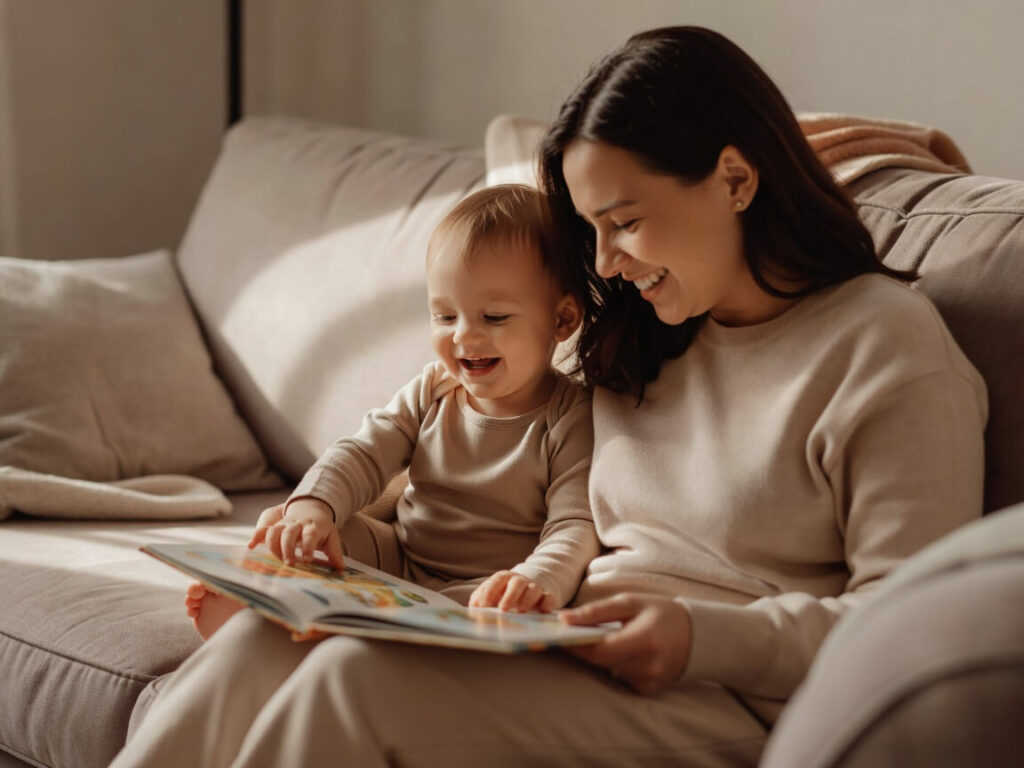 A parent and toddler laughing together over a picture book at home