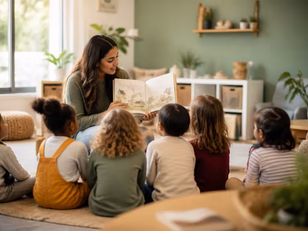 A teacher reading a picture book aloud to a small group of engaged preschoolers on a rug
