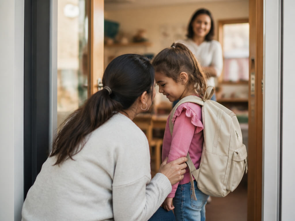A parent crouching for a warm, brief goodbye with their child at the classroom door