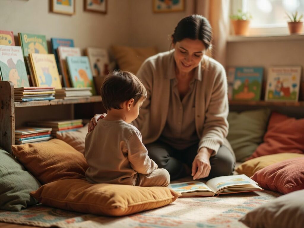 A teacher kneeling to gently reassure a small child in a cosy classroom corner