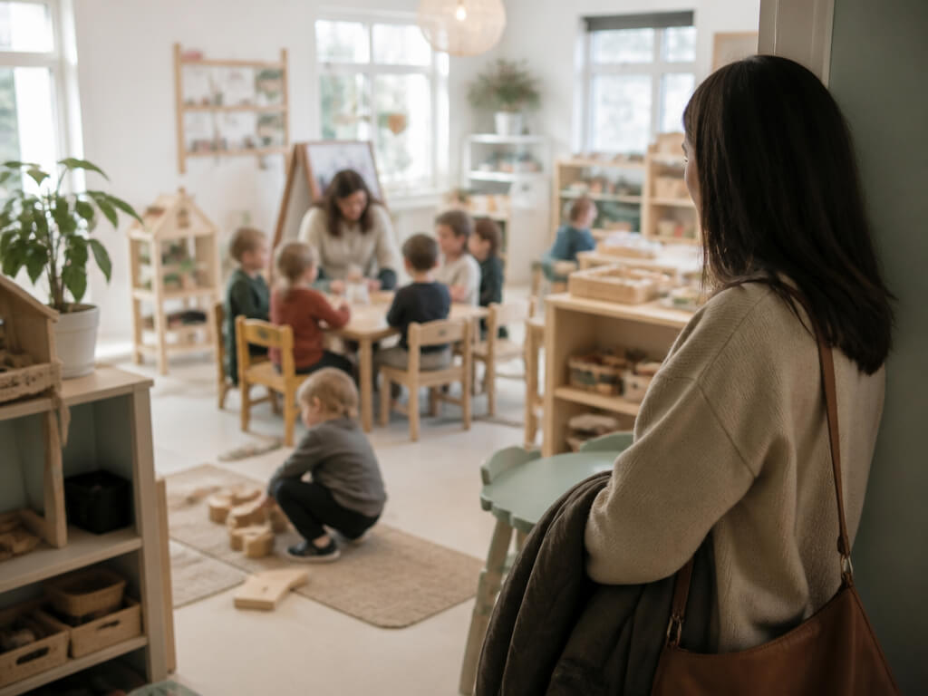 A parent visiting a bright preschool, thoughtfully observing a classroom in progress