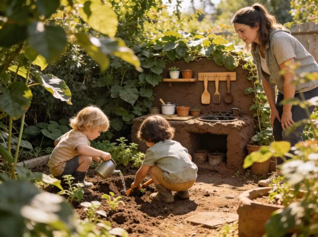 Preschoolers exploring a leafy outdoor garden play area with a teacher nearby