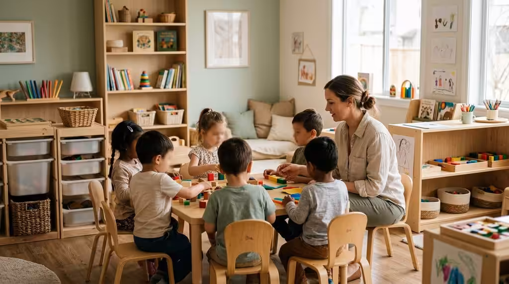 A teacher calmly tending to a small group of children in a tidy, well-organised classroom