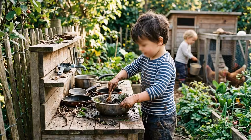 A child at a mud kitchen mixing soil and water, another feeding chickens in a garden coop