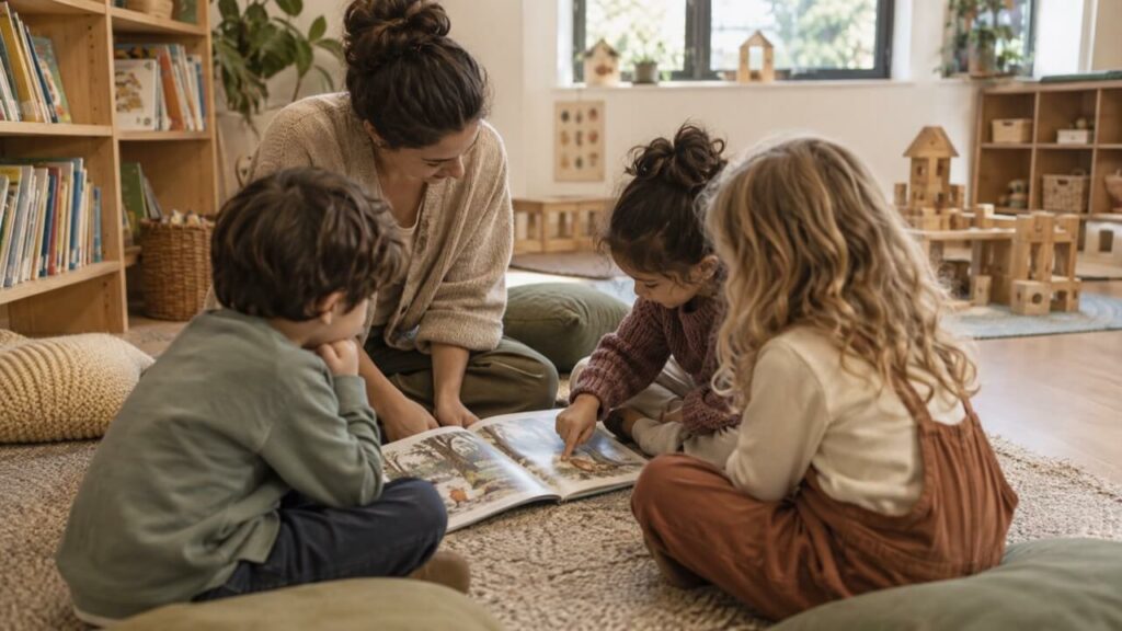 Bir öğretmen eşliğinde resimli bir kitap üzerine konuşan beş ve altı yaşındaki çocuklar