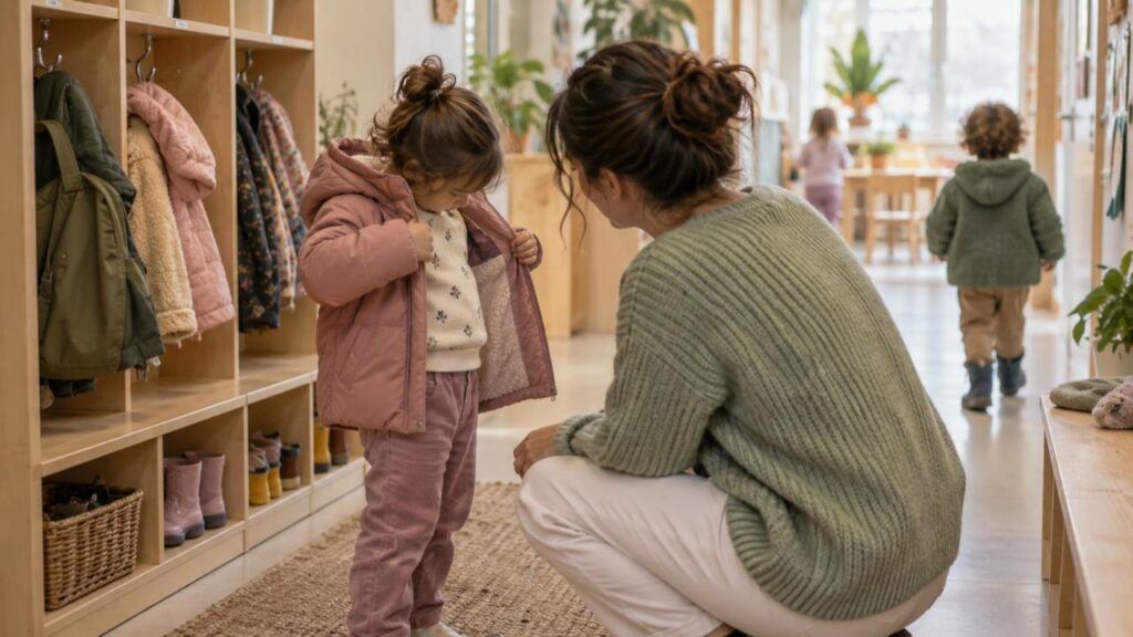 Giyinmeye katılan çocuğa sakin biçimde eşlik eden öğretmen