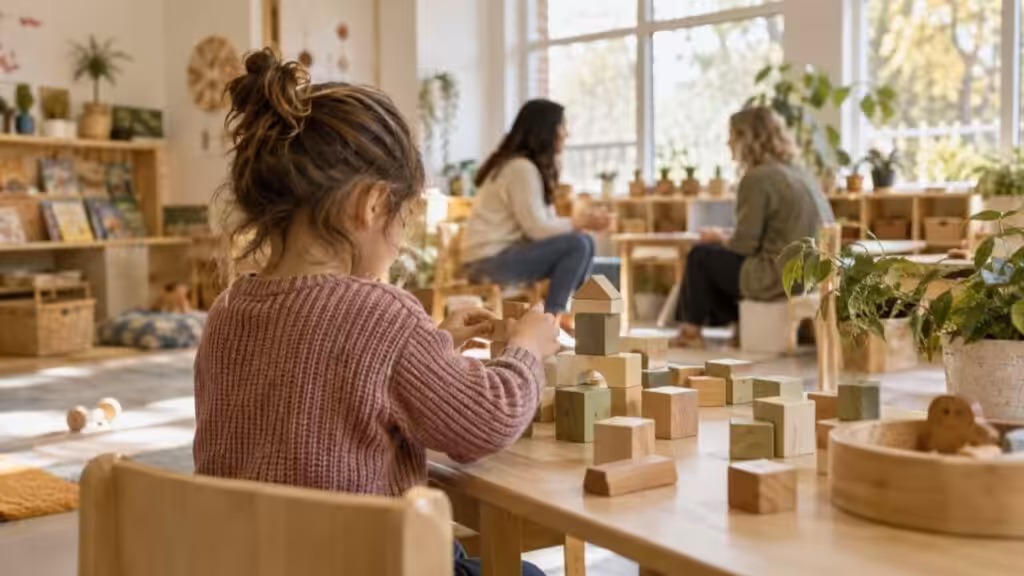 Bir ebeveyn ve öğretmen konuşurken ahşap oyuncaklarla oynayan okul öncesi çocuk